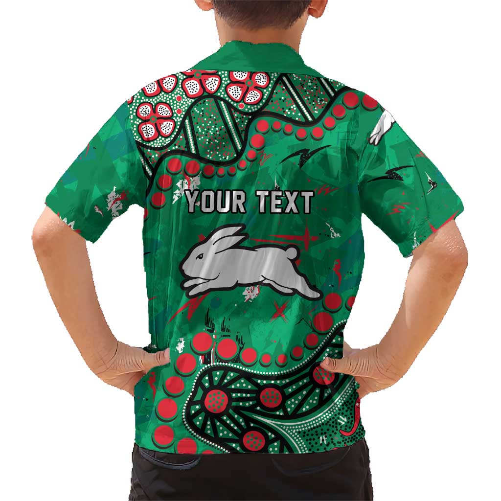 Personalized South Sydney Rabbitohs Family Matching Off Shoulder Short Dress and Hawaiian Shirt Aboriginal Pattern with Graffiti Style Design