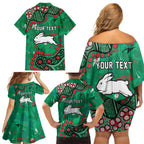 Personalized South Sydney Rabbitohs Family Matching Off Shoulder Short Dress and Hawaiian Shirt Aboriginal Pattern with Graffiti Style Design