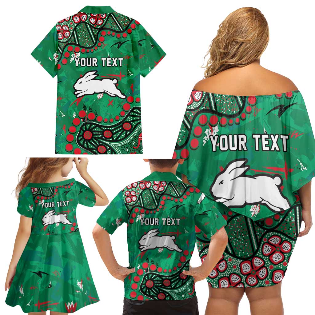 Personalized South Sydney Rabbitohs Family Matching Off Shoulder Short Dress and Hawaiian Shirt Aboriginal Pattern with Graffiti Style Design