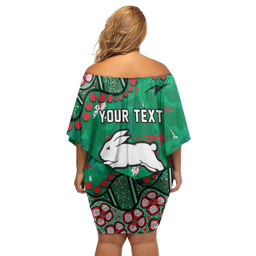 Personalized South Sydney Rabbitohs Family Matching Off Shoulder Short Dress and Hawaiian Shirt Aboriginal Pattern with Graffiti Style Design