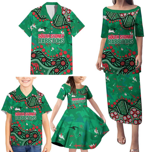 Personalized South Sydney Rabbitohs Family Matching Puletasi and Hawaiian Shirt Aboriginal Pattern with Graffiti Style Design