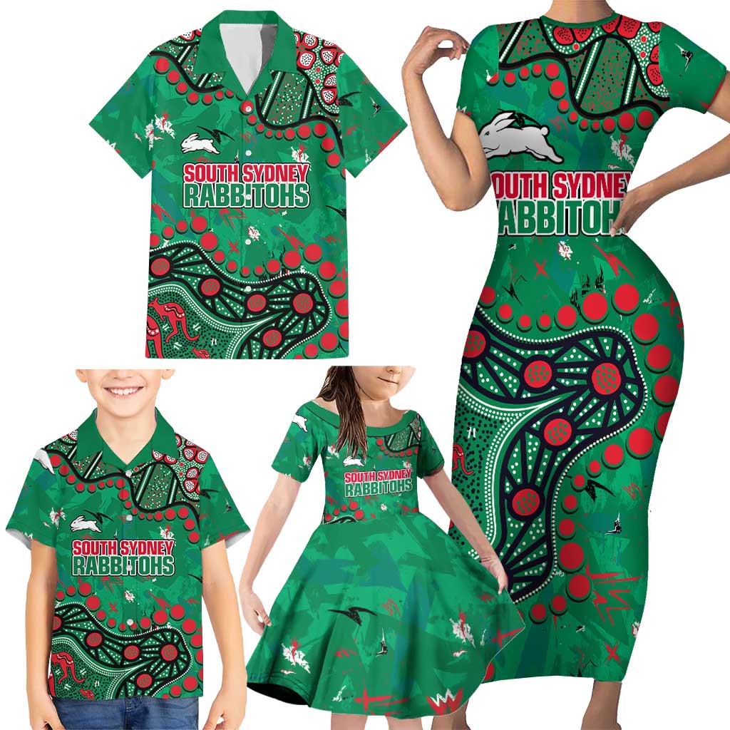 Personalized South Sydney Rabbitohs Family Matching Short Sleeve Bodycon Dress and Hawaiian Shirt Aboriginal Pattern with Graffiti Style Design