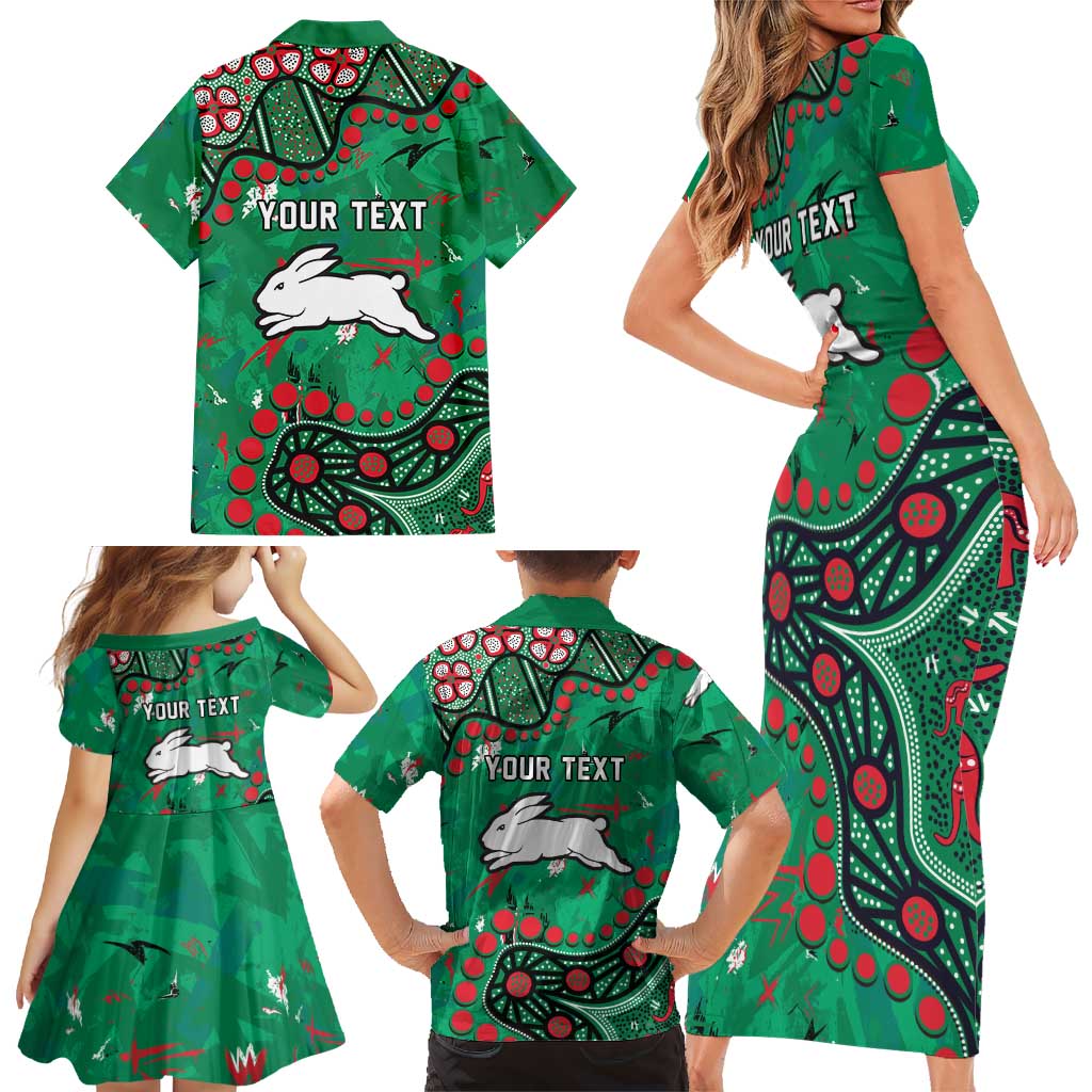 Personalized South Sydney Rabbitohs Family Matching Short Sleeve Bodycon Dress and Hawaiian Shirt Aboriginal Pattern with Graffiti Style Design