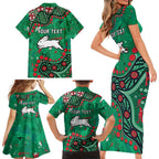 Personalized South Sydney Rabbitohs Family Matching Short Sleeve Bodycon Dress and Hawaiian Shirt Aboriginal Pattern with Graffiti Style Design