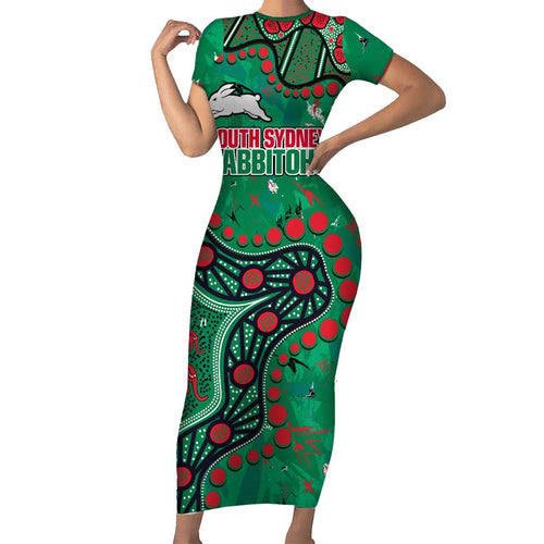 Personalized South Sydney Rabbitohs Family Matching Short Sleeve Bodycon Dress and Hawaiian Shirt Aboriginal Pattern with Graffiti Style Design