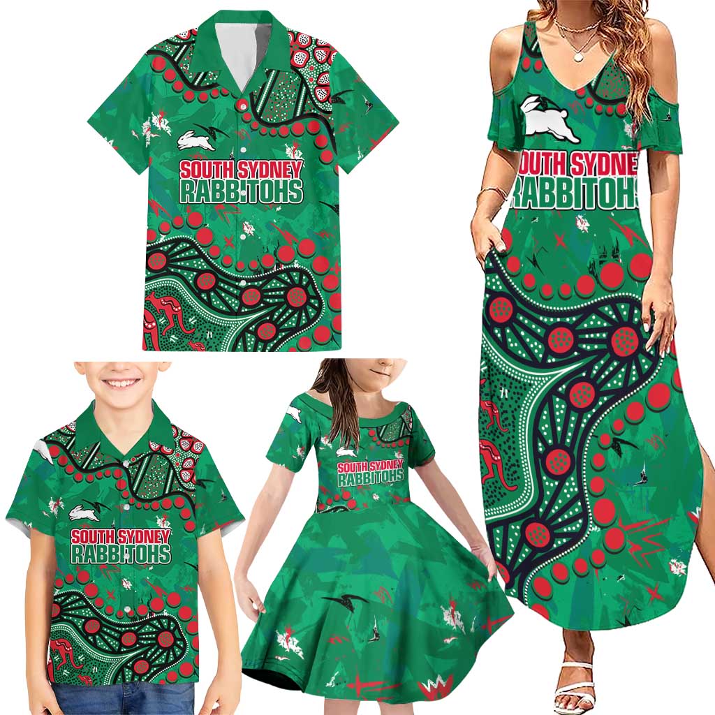 Personalized South Sydney Rabbitohs Family Matching Summer Maxi Dress and Hawaiian Shirt Aboriginal Pattern with Graffiti Style Design