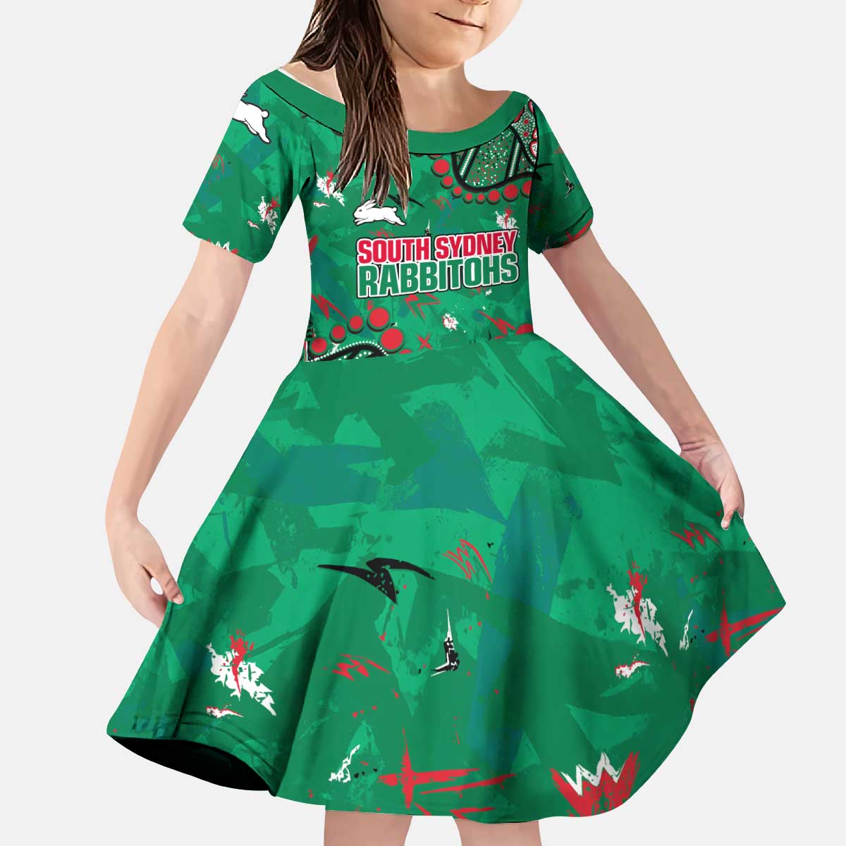 Personalized South Sydney Rabbitohs Kid Short Sleeve Dress Aboriginal Pattern with Graffiti Style Design