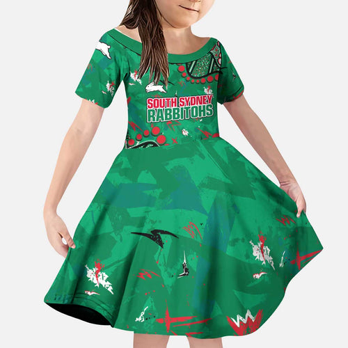Personalized South Sydney Rabbitohs Kid Short Sleeve Dress Aboriginal Pattern with Graffiti Style Design