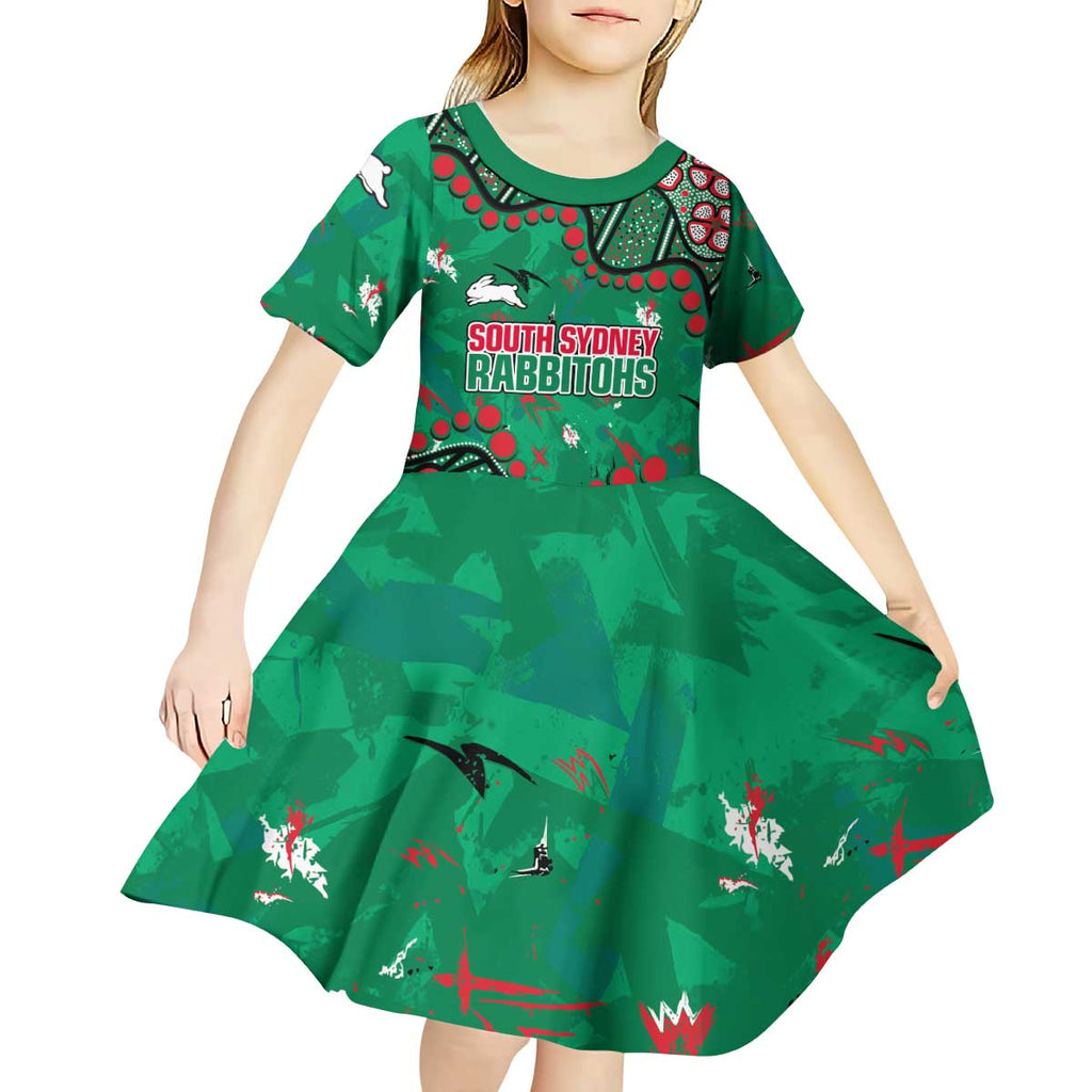 Personalized South Sydney Rabbitohs Kid Short Sleeve Dress Aboriginal Pattern with Graffiti Style Design