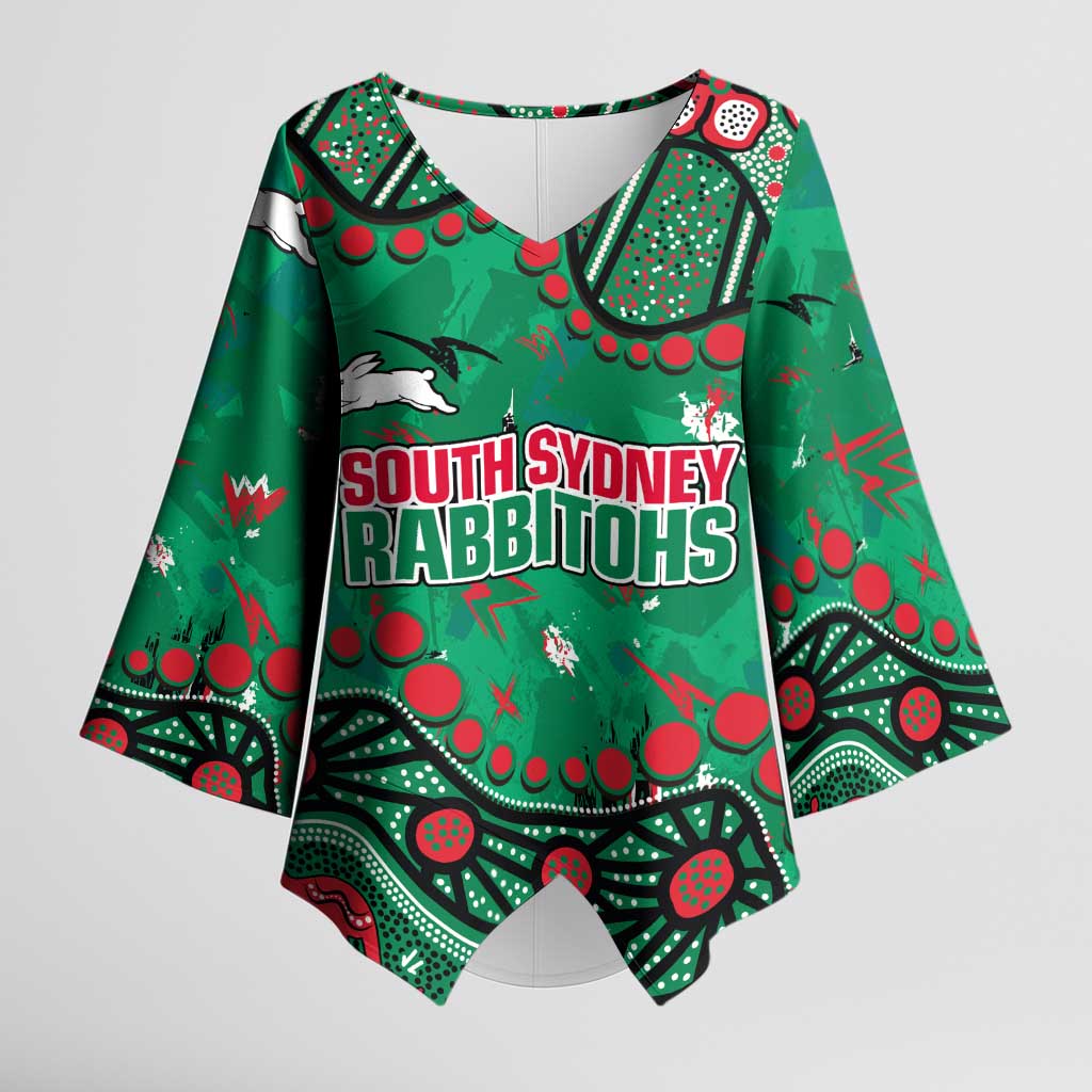 Personalized South Sydney Rabbitohs Kimono Sleeve Blouse Aboriginal Pattern with Graffiti Style Design