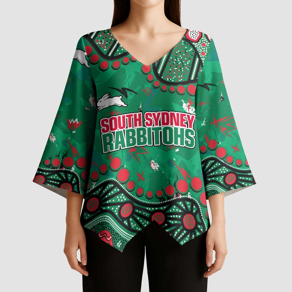 Personalized South Sydney Rabbitohs Kimono Sleeve Blouse Aboriginal Pattern with Graffiti Style Design
