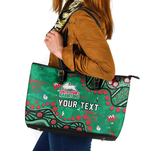 Personalized South Sydney Rabbitohs Leather Tote Bag Aboriginal Pattern with Graffiti Style Design
