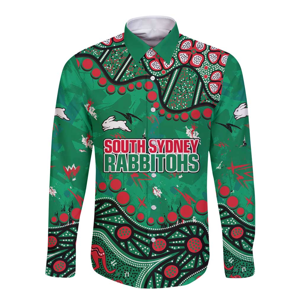 Personalized South Sydney Rabbitohs Long Sleeve Button Shirt Aboriginal Pattern with Graffiti Style Design