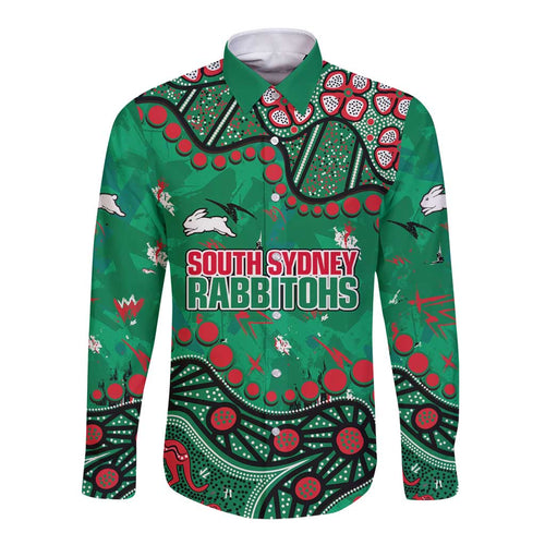 Personalized South Sydney Rabbitohs Long Sleeve Button Shirt Aboriginal Pattern with Graffiti Style Design