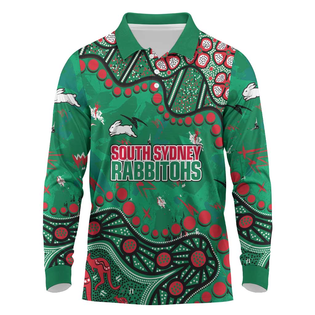 Personalized South Sydney Rabbitohs Long Sleeve Polo Shirt Aboriginal Pattern with Graffiti Style Design
