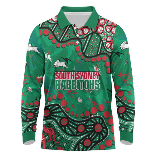 Personalized South Sydney Rabbitohs Long Sleeve Polo Shirt Aboriginal Pattern with Graffiti Style Design