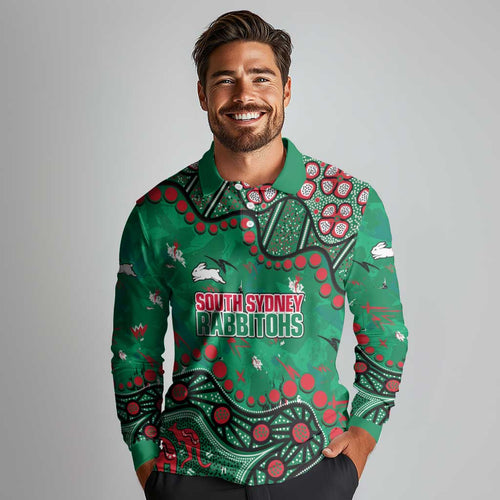 Personalized South Sydney Rabbitohs Long Sleeve Polo Shirt Aboriginal Pattern with Graffiti Style Design