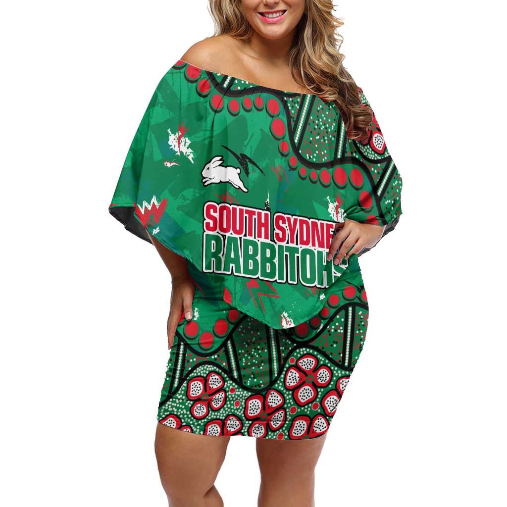 Personalized South Sydney Rabbitohs Off Shoulder Short Dress Aboriginal Pattern with Graffiti Style Design