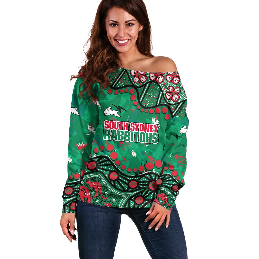 Personalized South Sydney Rabbitohs Off Shoulder Sweater Aboriginal Pattern with Graffiti Style Design
