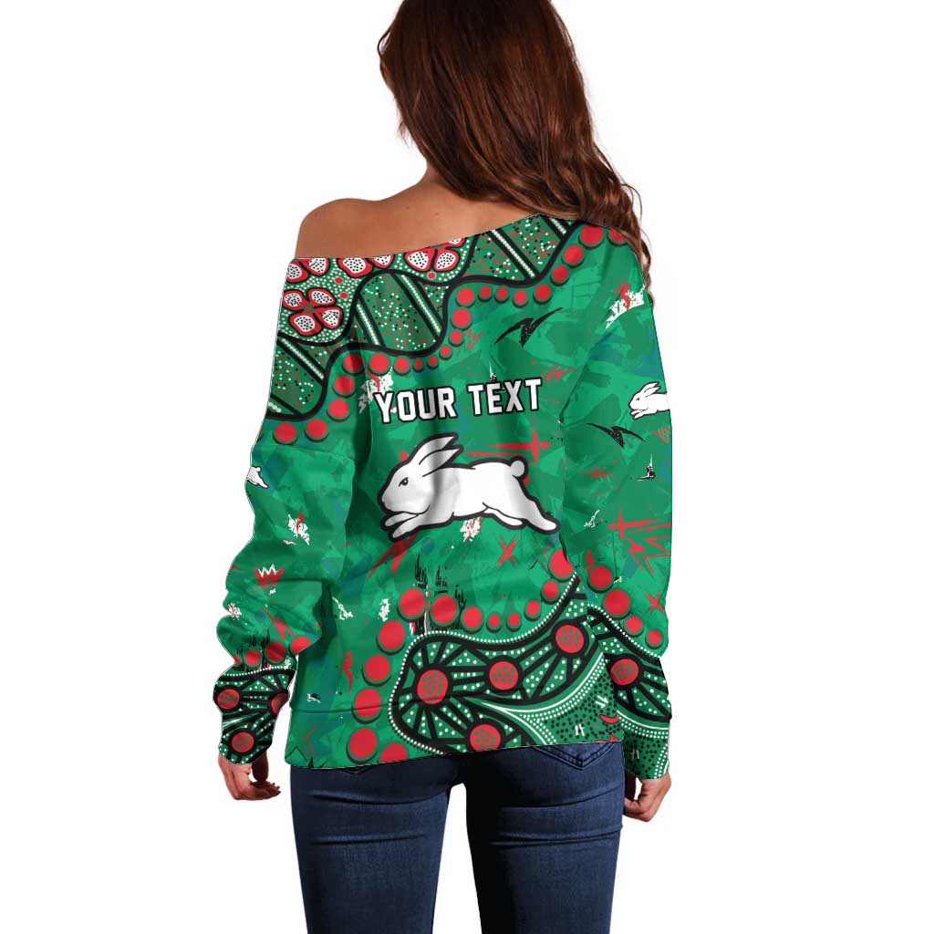Personalized South Sydney Rabbitohs Off Shoulder Sweater Aboriginal Pattern with Graffiti Style Design