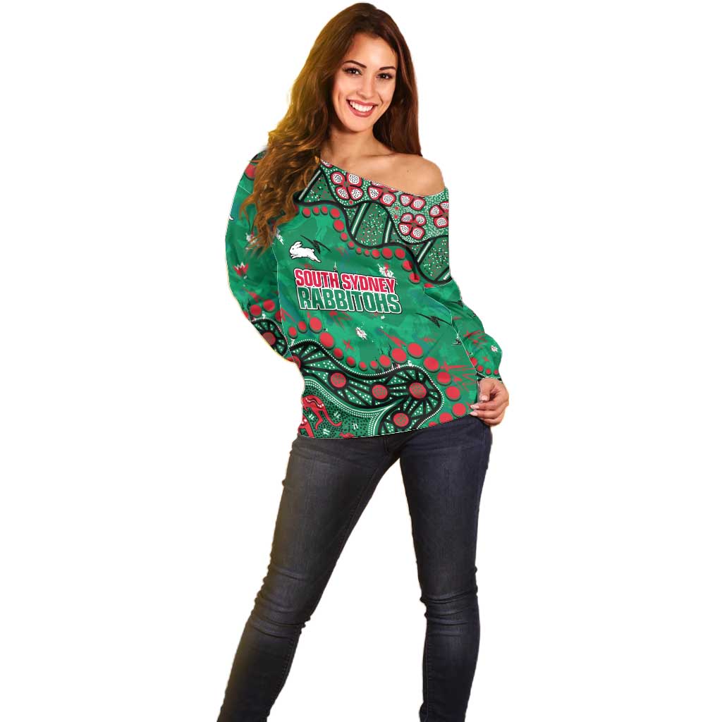 Personalized South Sydney Rabbitohs Off Shoulder Sweater Aboriginal Pattern with Graffiti Style Design