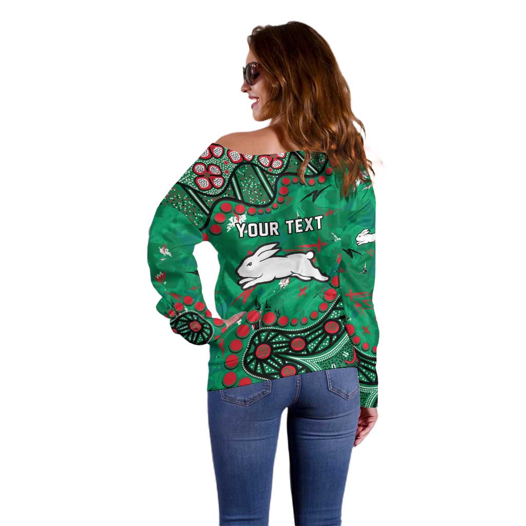 Personalized South Sydney Rabbitohs Off Shoulder Sweater Aboriginal Pattern with Graffiti Style Design
