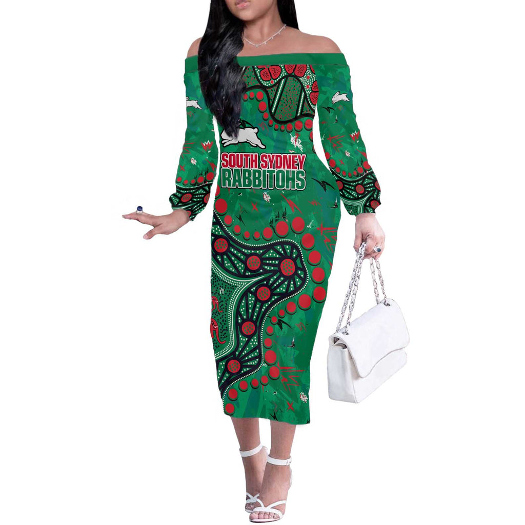 Personalized South Sydney Rabbitohs Off The Shoulder Long Sleeve Dress Aboriginal Pattern with Graffiti Style Design