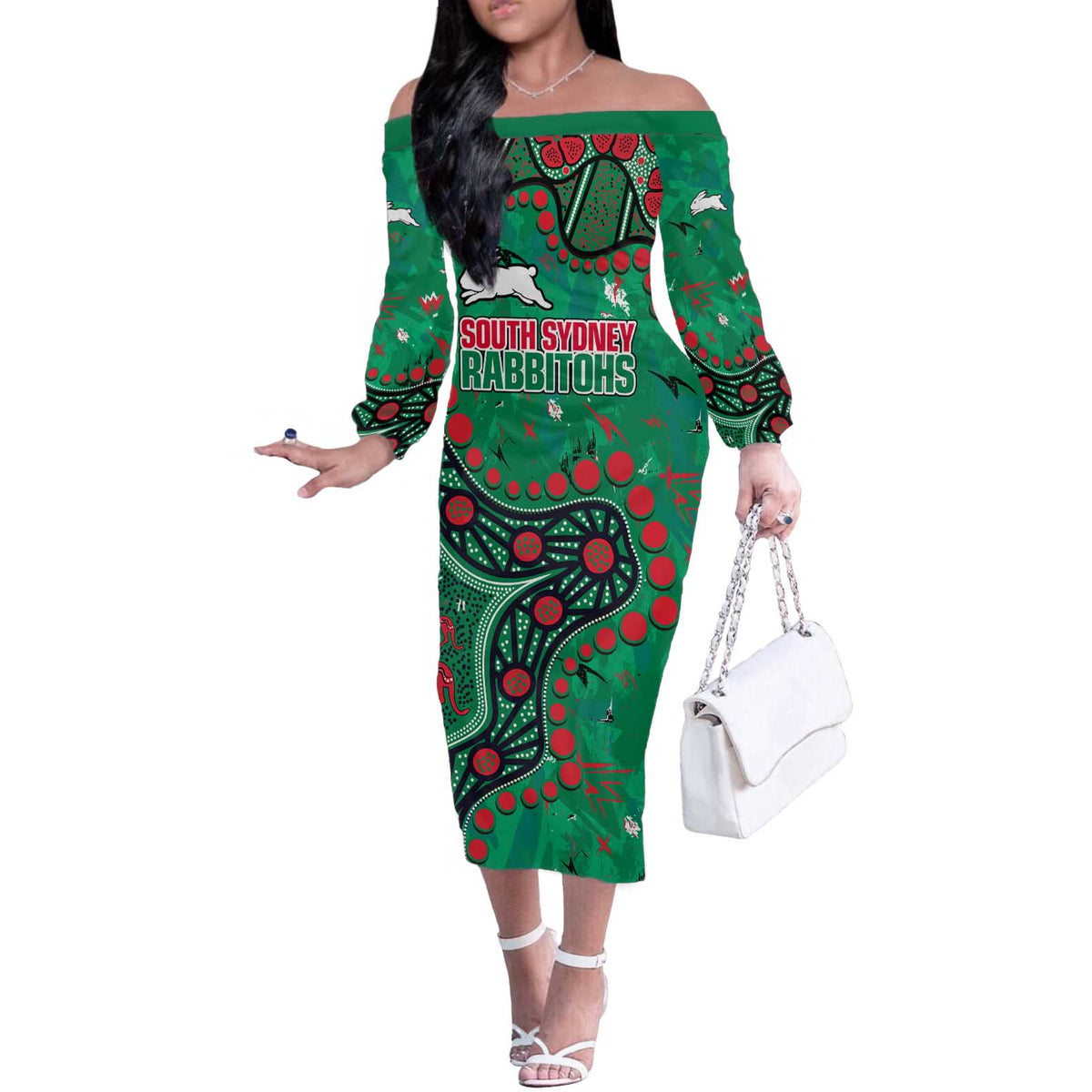 Personalized South Sydney Rabbitohs Off The Shoulder Long Sleeve Dress Aboriginal Pattern with Graffiti Style Design