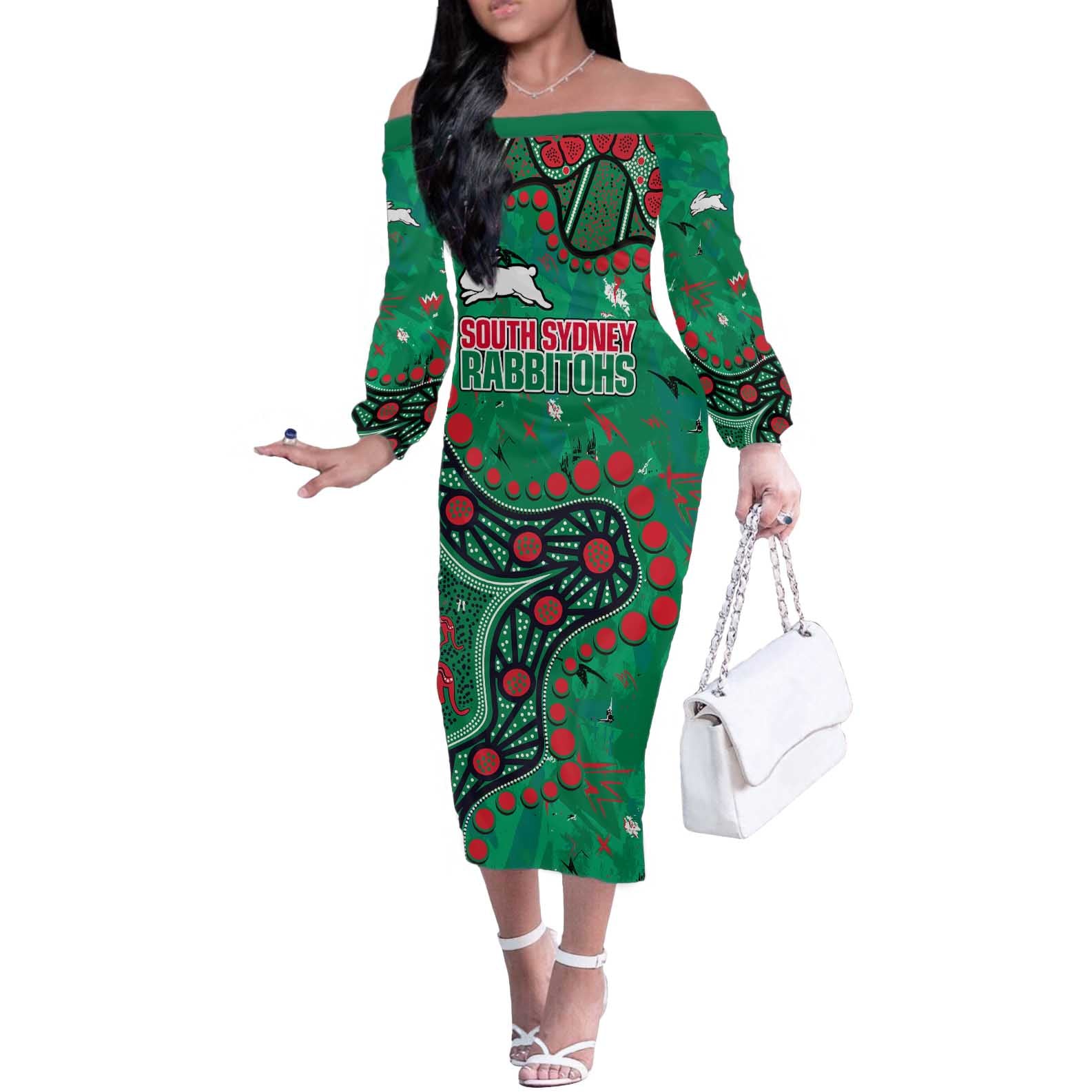Personalized South Sydney Rabbitohs Off The Shoulder Long Sleeve Dress Aboriginal Pattern with Graffiti Style Design