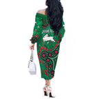 Personalized South Sydney Rabbitohs Off The Shoulder Long Sleeve Dress Aboriginal Pattern with Graffiti Style Design