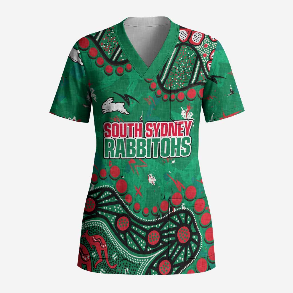 Personalized South Sydney Rabbitohs Scrub Top Aboriginal Pattern with Graffiti Style Design