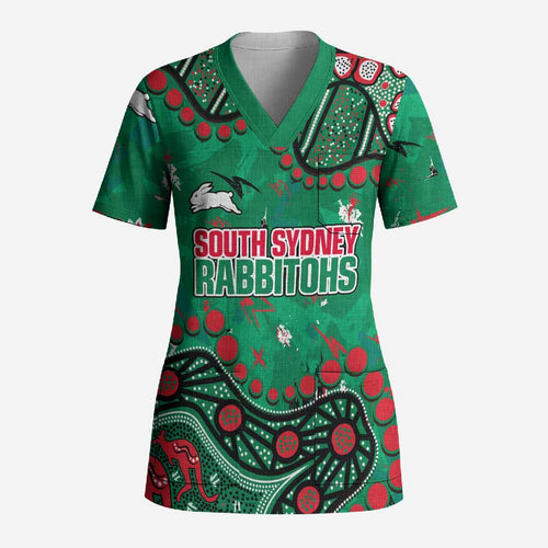 Personalized South Sydney Rabbitohs Scrub Top Aboriginal Pattern with Graffiti Style Design
