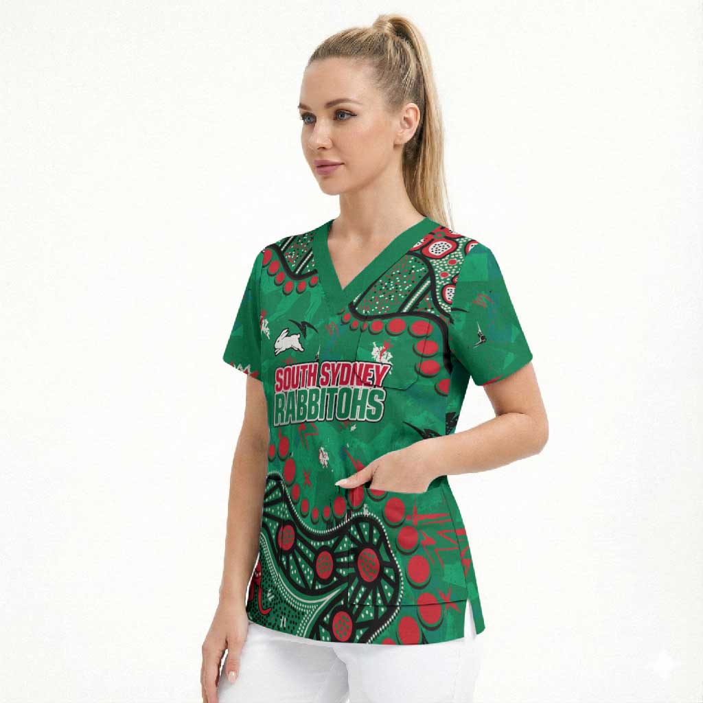 Personalized South Sydney Rabbitohs Scrub Top Aboriginal Pattern with Graffiti Style Design