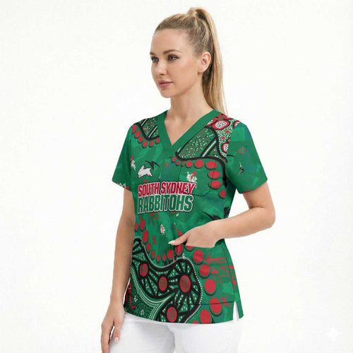 Personalized South Sydney Rabbitohs Scrub Top Aboriginal Pattern with Graffiti Style Design