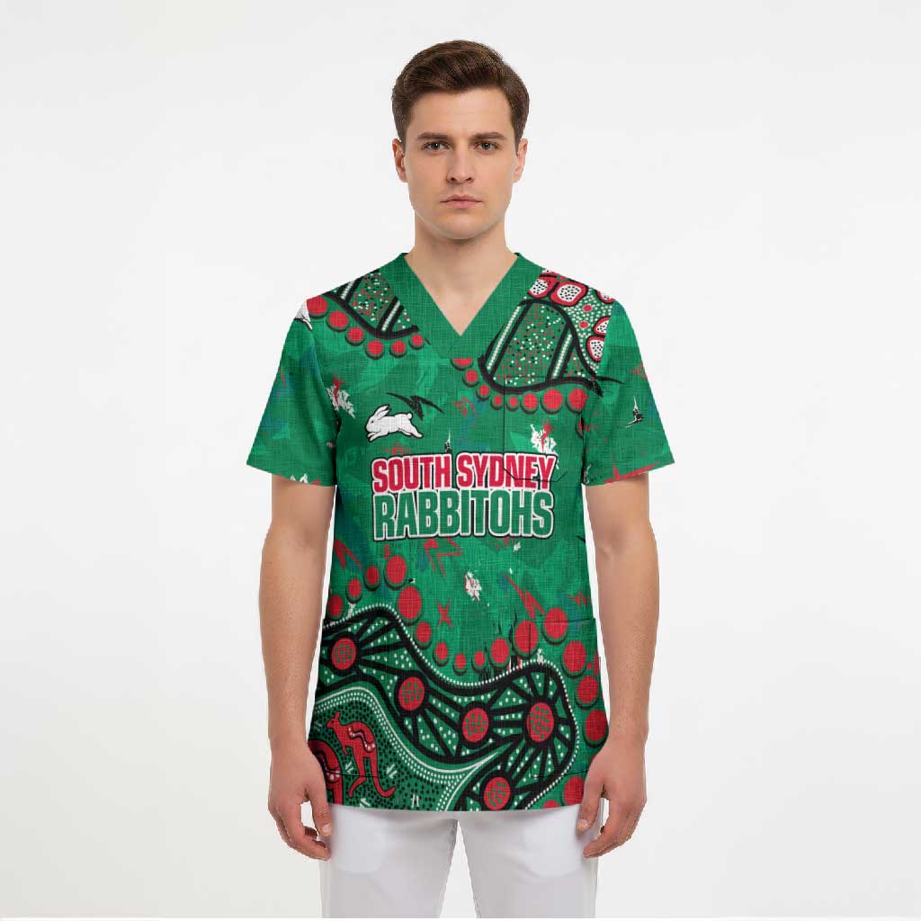 Personalized South Sydney Rabbitohs Scrub Top Aboriginal Pattern with Graffiti Style Design