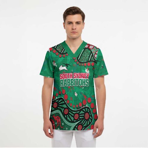Personalized South Sydney Rabbitohs Scrub Top Aboriginal Pattern with Graffiti Style Design