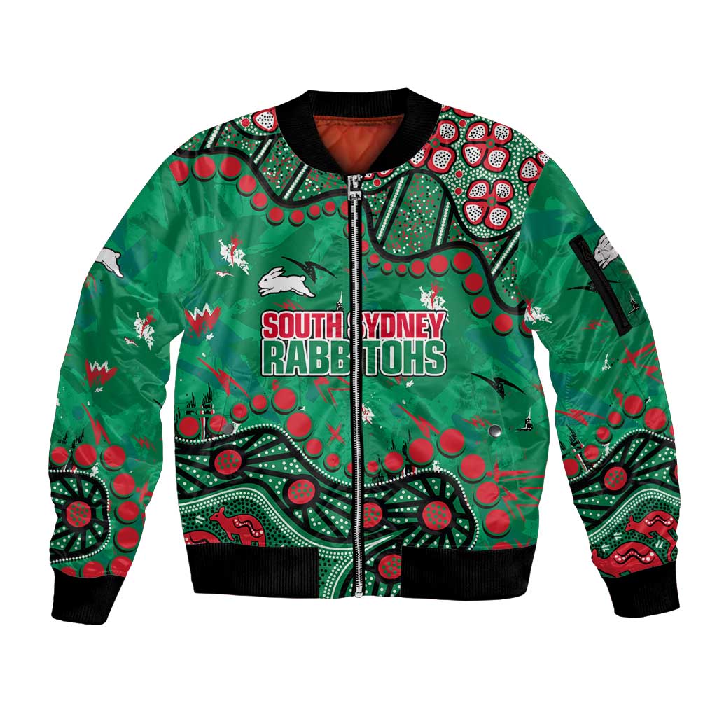 Personalized South Sydney Rabbitohs Sleeve Zip Bomber Jacket Aboriginal Pattern with Graffiti Style Design