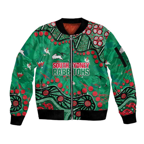 Personalized South Sydney Rabbitohs Sleeve Zip Bomber Jacket Aboriginal Pattern with Graffiti Style Design