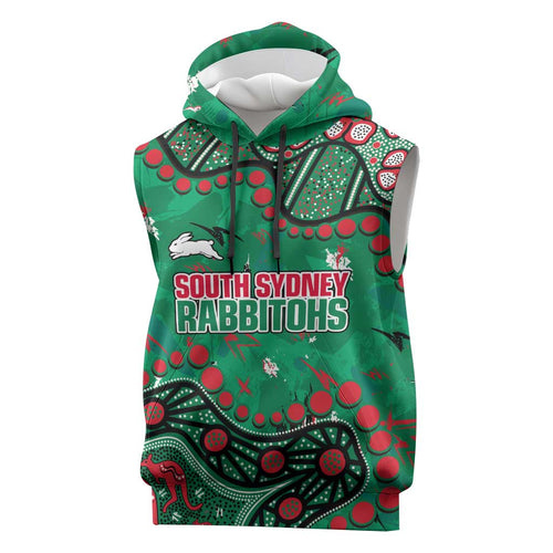 Personalized South Sydney Rabbitohs Sleeveless Hoodie Aboriginal Pattern with Graffiti Style Design
