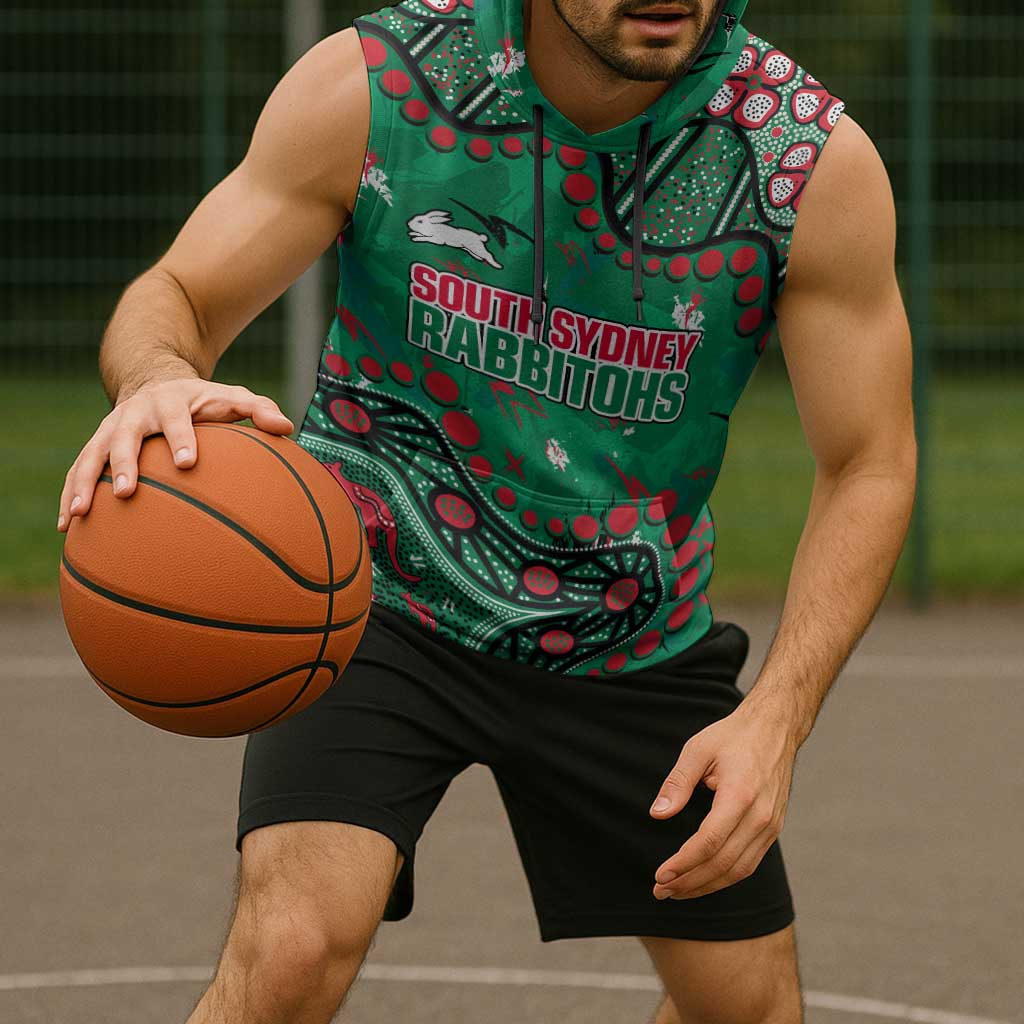 Personalized South Sydney Rabbitohs Sleeveless Hoodie Aboriginal Pattern with Graffiti Style Design