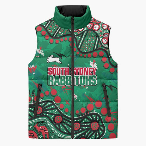 Personalized South Sydney Rabbitohs Sleeveless Puffer Jacket Aboriginal Pattern with Graffiti Style Design