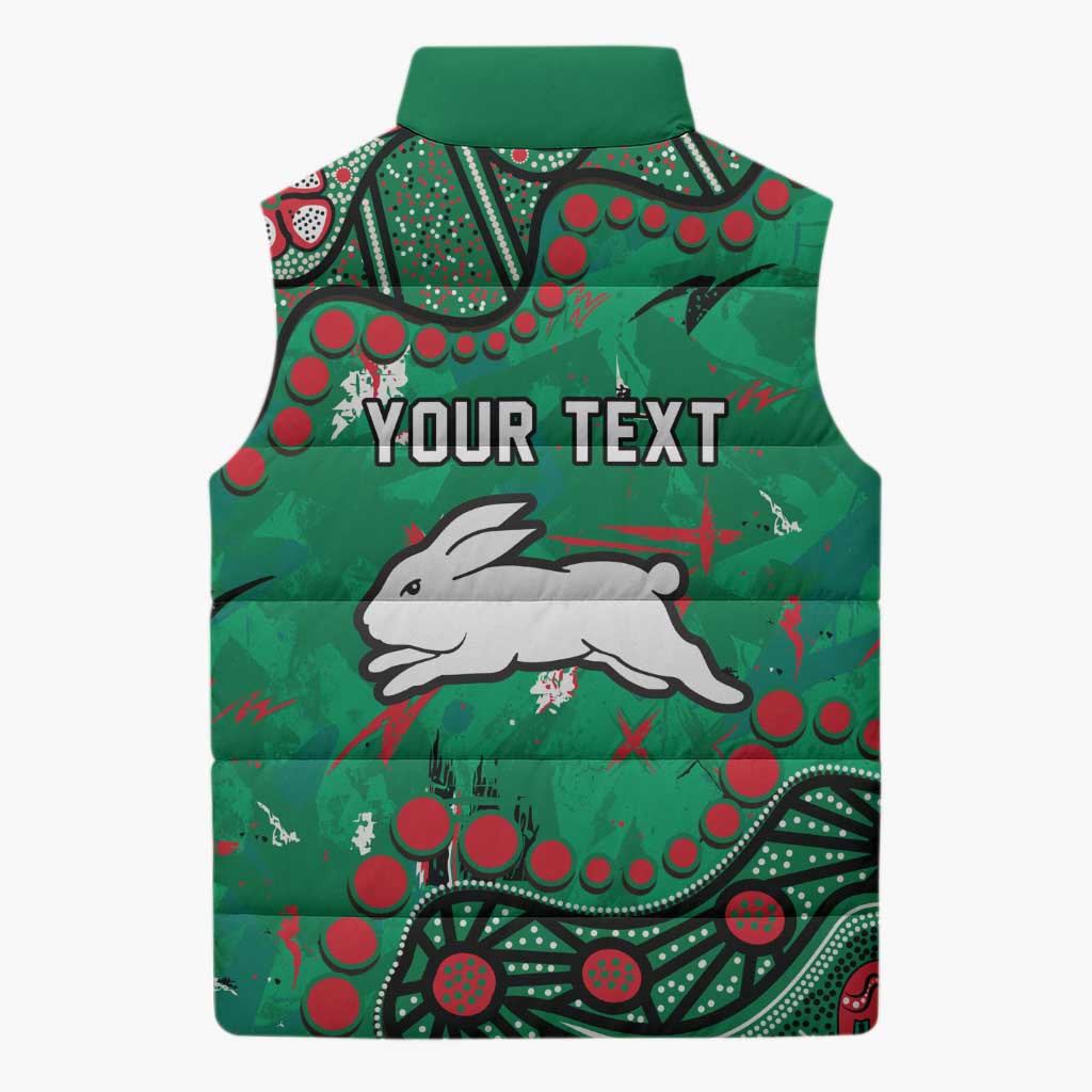 Personalized South Sydney Rabbitohs Sleeveless Puffer Jacket Aboriginal Pattern with Graffiti Style Design