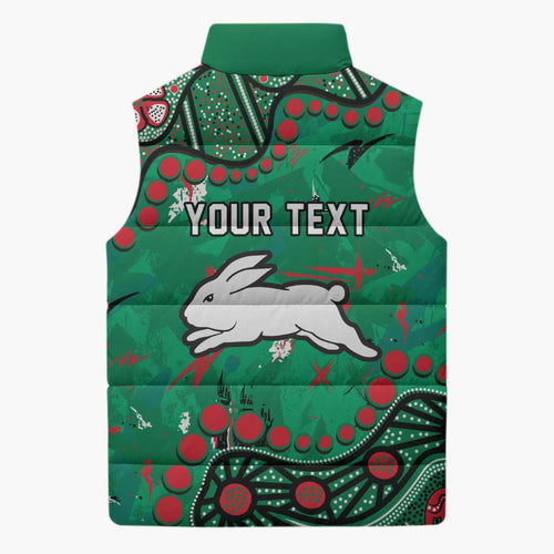 Personalized South Sydney Rabbitohs Sleeveless Puffer Jacket Aboriginal Pattern with Graffiti Style Design