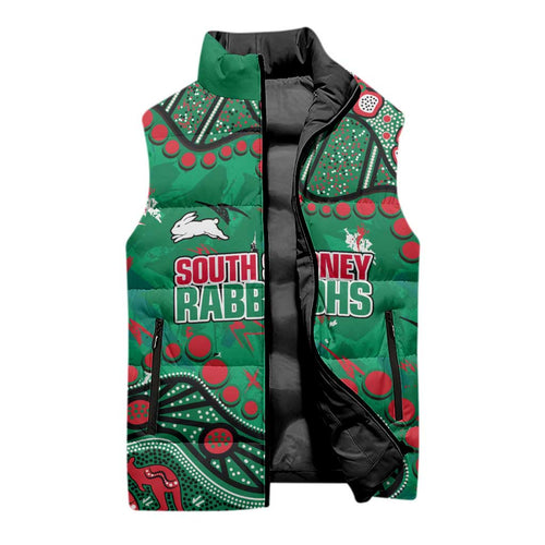 Personalized South Sydney Rabbitohs Sleeveless Puffer Jacket Aboriginal Pattern with Graffiti Style Design