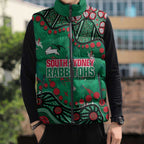Personalized South Sydney Rabbitohs Sleeveless Puffer Jacket Aboriginal Pattern with Graffiti Style Design