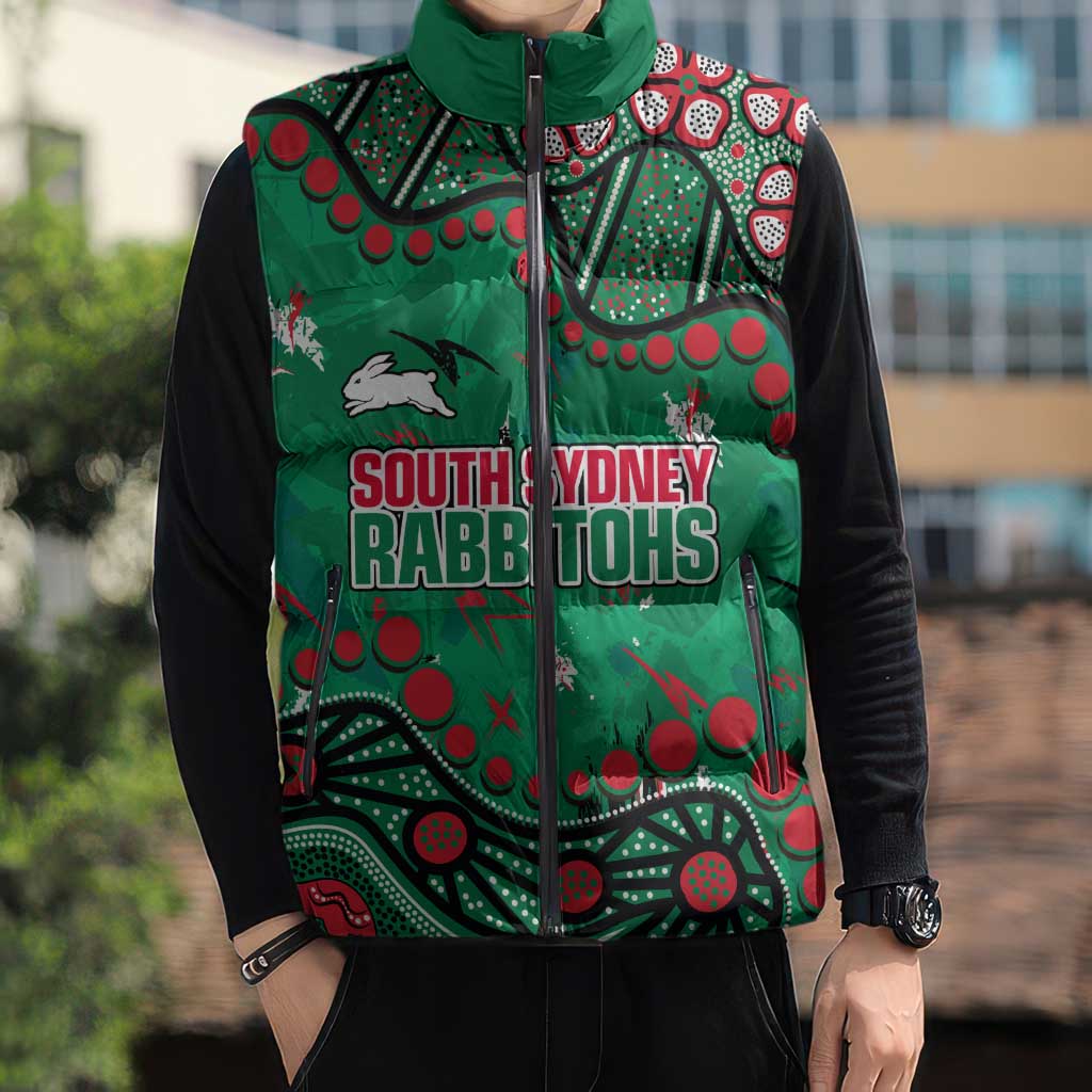 Personalized South Sydney Rabbitohs Sleeveless Puffer Jacket Aboriginal Pattern with Graffiti Style Design