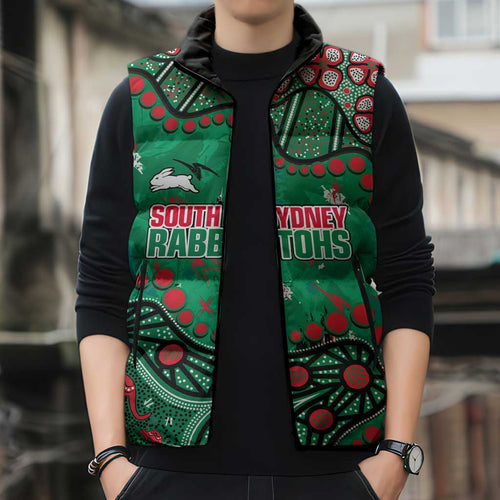 Personalized South Sydney Rabbitohs Sleeveless Puffer Jacket Aboriginal Pattern with Graffiti Style Design