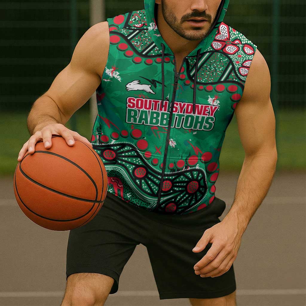 Personalized South Sydney Rabbitohs Sleeveless Zip Hoodie Aboriginal Pattern with Graffiti Style Design