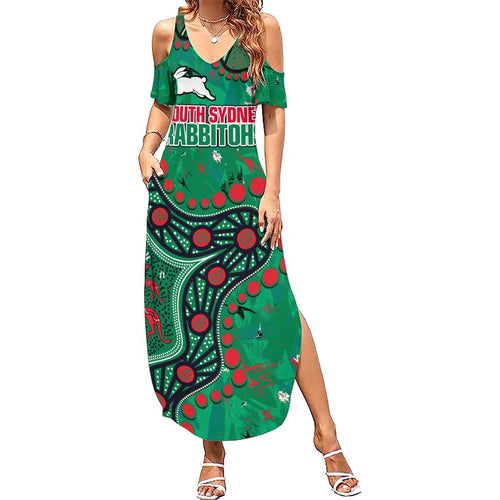 Personalized South Sydney Rabbitohs Summer Maxi Dress Aboriginal Pattern with Graffiti Style Design