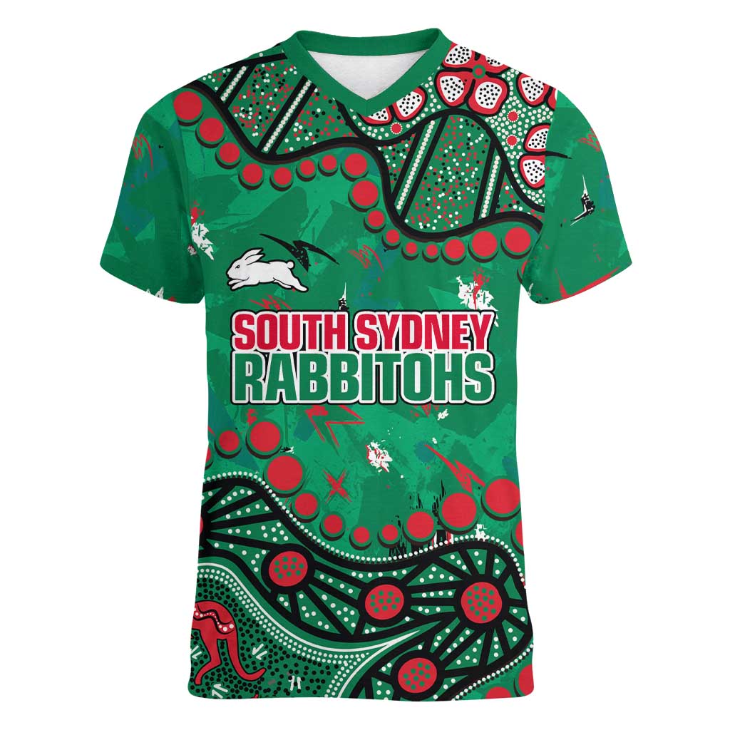 Personalized South Sydney Rabbitohs Women V-Neck T-Shirt Aboriginal Pattern with Graffiti Style Design